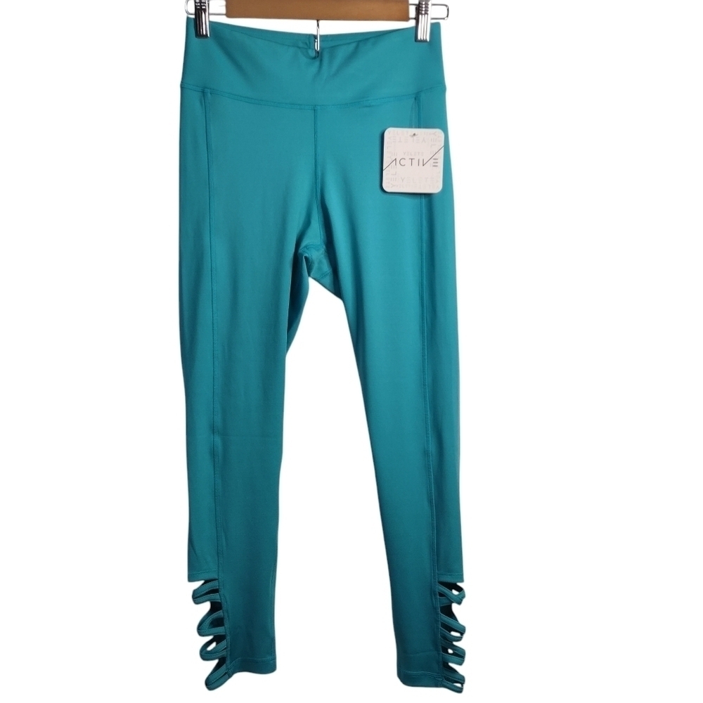 Active Women's Peacock Teal High Waist Criss-cross Ankle Leggings Size S NWT - Picture 4 of 11
